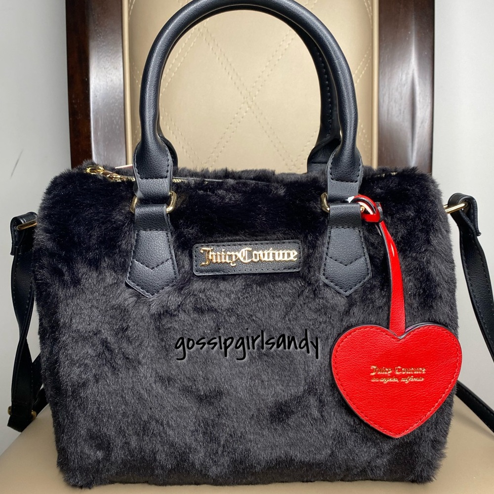 Juicy Couture Black Fluffy Faux Fur Satchel Crossbody Bag